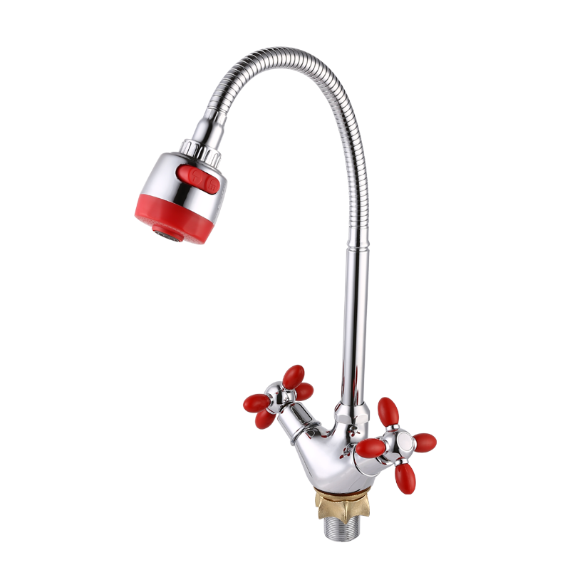 Red cross-wheel vegetable basin faucet with feet and ram's horn