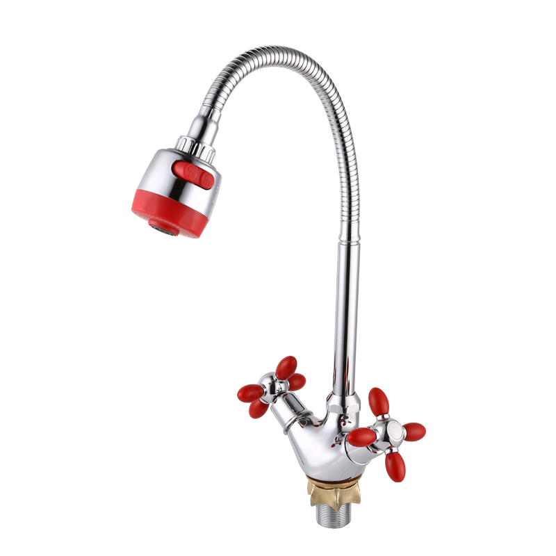 Red cross-wheel vegetable basin faucet with feet and ram's horn