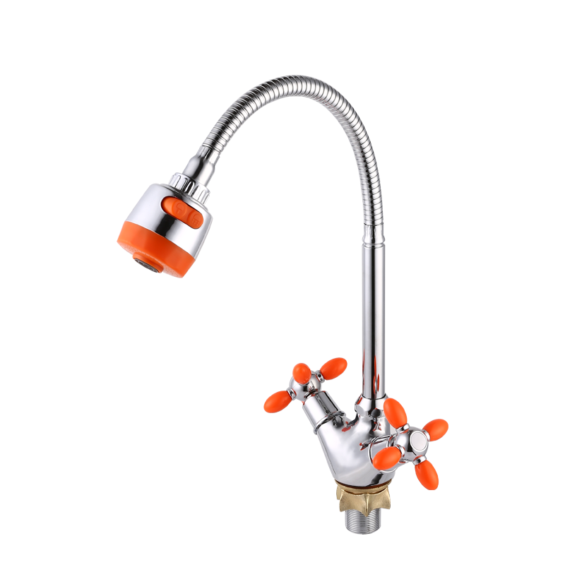 Cross-wheeled orange vegetable basin faucet with legs and ram's horn